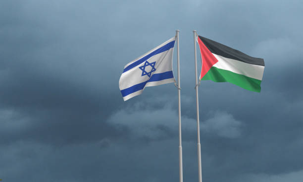 israel palestine flag waving sky - israël fotos stockfoto's en -beelden