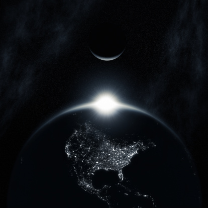 The Sun and the Moon appearing over the nightlit Earth. Using an Earth map from NASA.