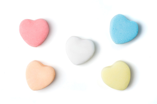 Blank candy hearts on isolated on white with clipping path.  Add your own text.