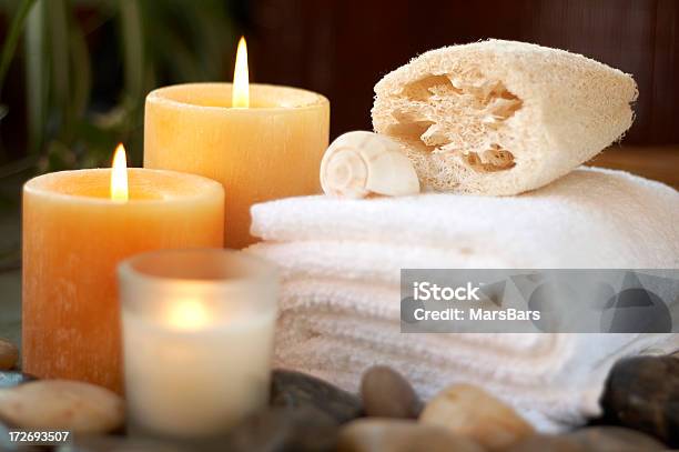 Bath Items In Relaxing Setting Stock Photo - Download Image Now - Animal Shell, Backgrounds, Bathroom