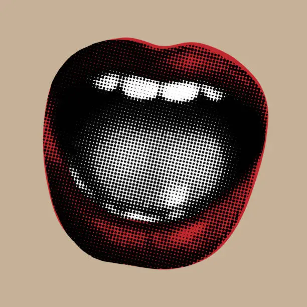 Vector illustration of Halftone open screaming mouth with red lips in trendy retro Y2K style