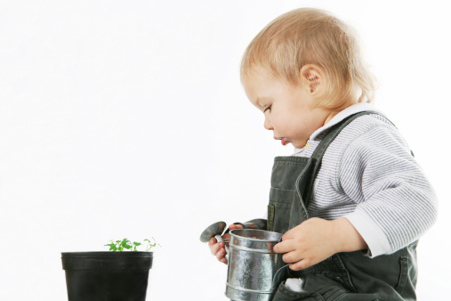 small boy holding a watering can in his hand, on front of a flower pot, similar images: