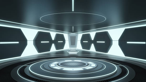 istock Futuristic Sci-Fi Empty Stage neon Glowing Lights, Abstract Science background fiction interior room, 3D Rendering 1726942924