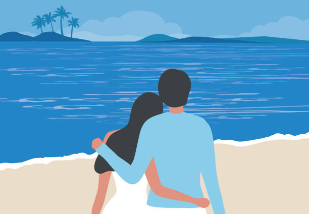 ilustrações, clipart, desenhos animados e ícones de casal amoroso abraçando e olhando lua na ilustração do vetor de fundo da praia. amor, feliz dia dos namorados, lua de mel e conceito de casamento - honeymoon wedding married engagement