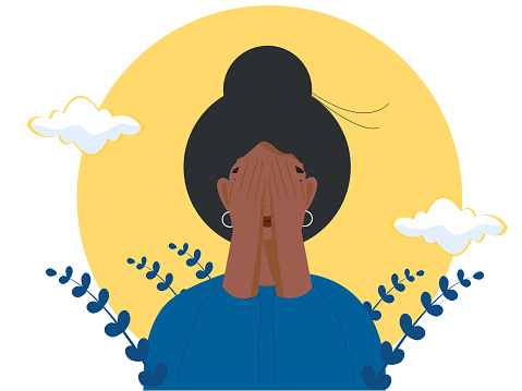 Depressed black woman covers her face with hands, concept of mental disorders, grief and depression, physical and emotional violence against women, vector illustration
