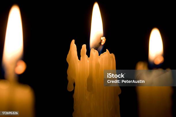Three Candles On Black Stock Photo - Download Image Now - Backgrounds, Blue, Burning