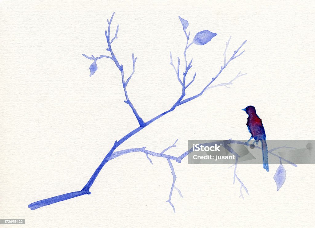 Dipinto ad acquerello di uccello e l'albero blu - Foto stock royalty-free di Dipinto ad acquerelli