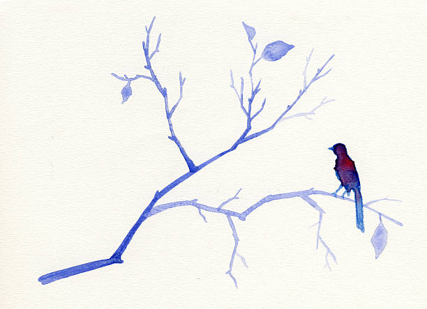Painted blue watercolor bird and tree stock photo
