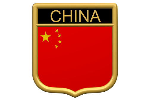 3d HDRI ray traced rendering of a golden shield/patch - China.