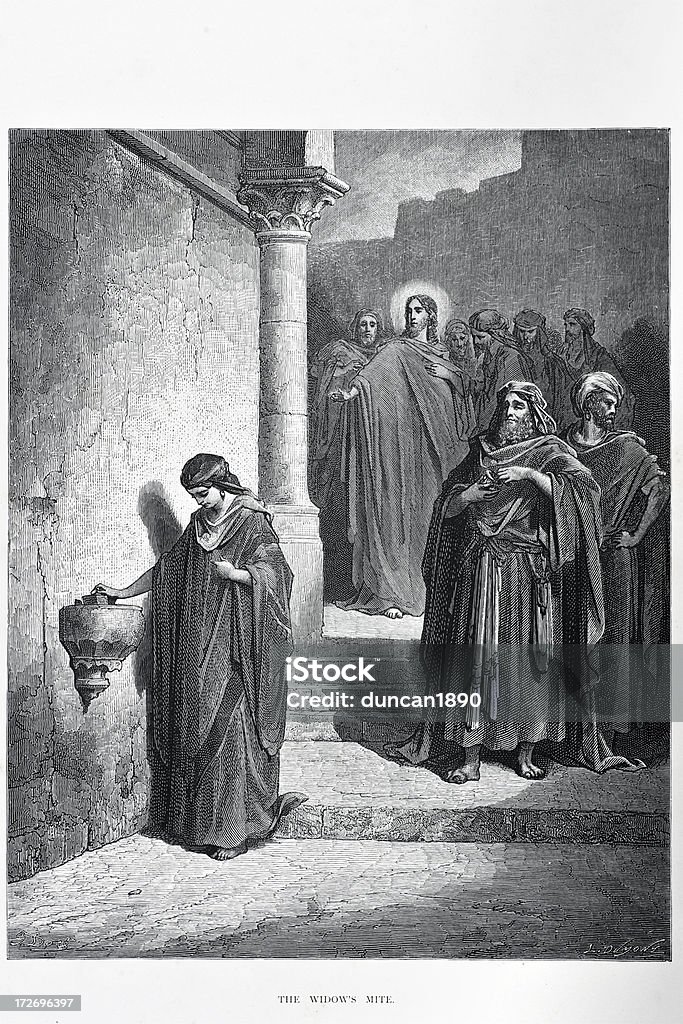 The widow's mite "The widow's mite, a scene from the bible. Engraving from 1870. Engraving by Gustave Dore, Photo by D Walker." Engraved Image stock illustration