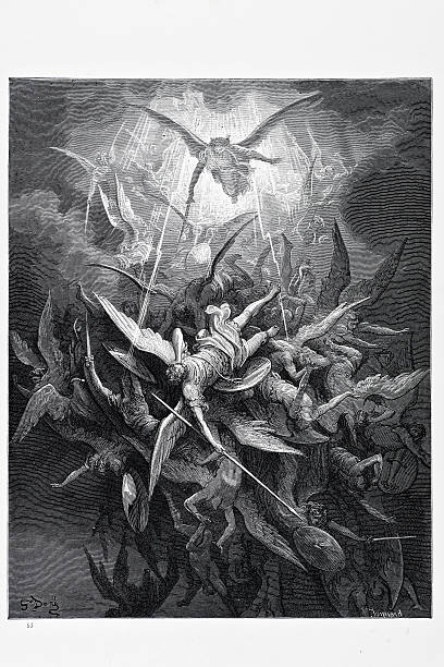 Rebel Angels "The fall of the rebel angels, a scene fro mthe bible. Engraving from 1870. Engraving by Gustave Dore, Photo by D Walker." spiritual warfare stock illustrations