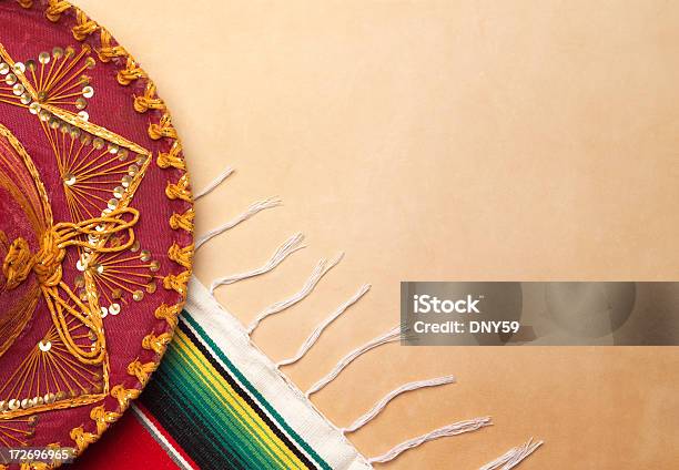 Sombrero And Festive Blanket On Leather Surface Stock Photo - Download Image Now - Backgrounds, Celebration, Celebration Event