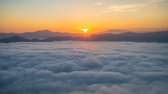 Aerial view dramatic sunset and sunrise sky nature background with white clouds for design concept and isolated text material