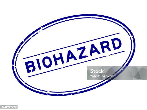 Grunge Blue Biohazard Word Oval Rubber Seal Stamp On White Background