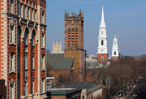 Downtown New Haven skyline thick with spires and steeples. New Haven is the second-largest city in Connecticut after Bridgeport and the sixth-largest in New England. New Haven is known for its established theaters, museums, music venues and New Haven-style pizza