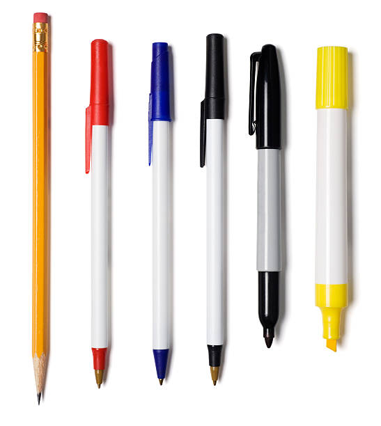 Pencil, Pens, Marker, Highlighter "Various writing instruments isolated on white with clipping path.  Includes pencil, red pen, blue pen, black pen, black marker, and yellow highlighter." ballpoint pen stock pictures, royalty-free photos & images