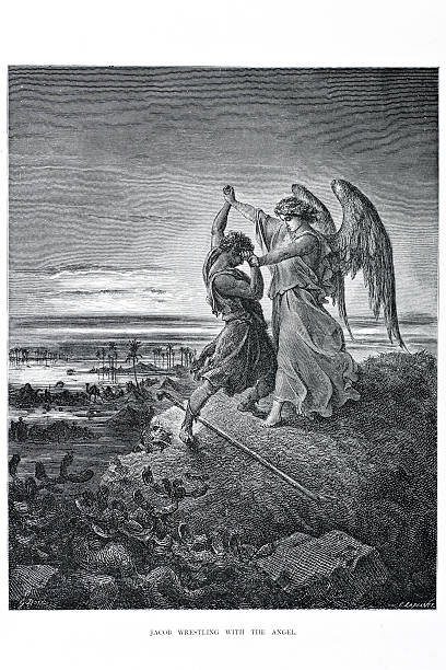 jacob борьба с ангел - wrestling gustave dore bible religious text stock illustrations