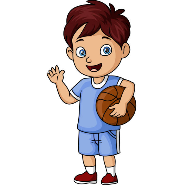 słodki mały chłopiec z kreskówki grający w koszykówkę - basketball little boys male young adult stock illustrations