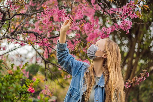 Happy woman in sakura in protective mask and smelling blooming sakura flowers after coronavirus quarantine.