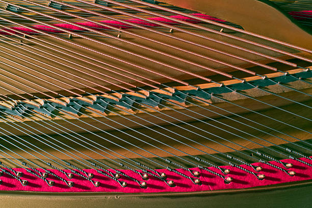 Strings and soundboard of grand piano.
