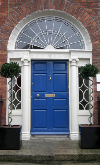 Blue Georgian Door and Entrance in the famous Merrion Square, Georgian Heritage District of Dublin, Ireland