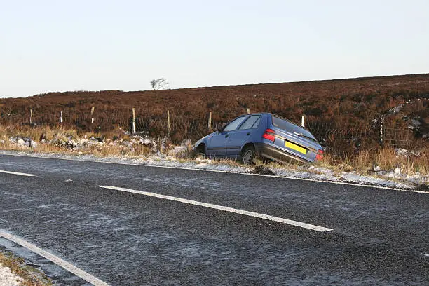 Photo of icy roads, crashed car, skidded into ditch