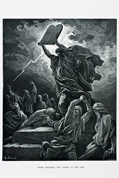 Moses breaking tables of the law "Moses breaking tables of the law, a scene from the bible. Engraving from 1870. Engraving by Gustave Dore, Photo by D Walker." religious text stock illustrations