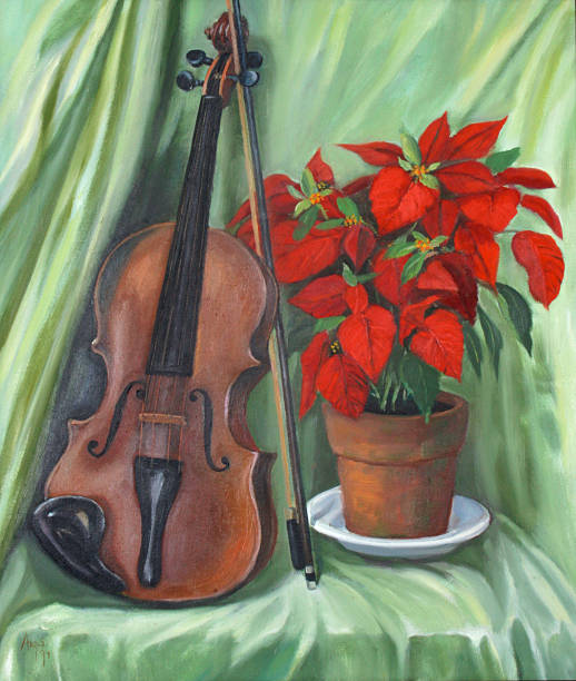 Violin Still Life of a Violin and PoinsettiasClick on LIGHTBOX button below to see more of MY CHRISTMAS COLLECTION christmas oil painting stock illustrations