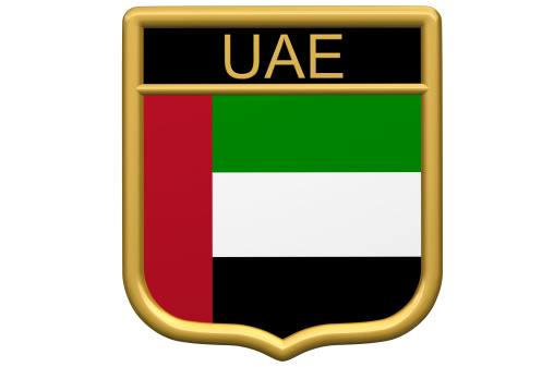 3d HDRI ray traced rendering of a golden shield/patch aa UAE
