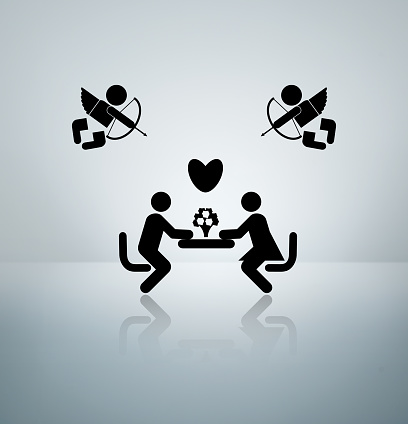 Couple of information symbol stick figure having a romantic dinner out with cherubs hovering and aiming at the heart shape.