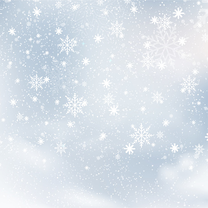 Christmas and Happy New Year background with falling snowflakes on blue sky. Vector illustration