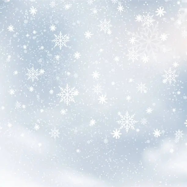 Vector illustration of Christmas and Happy New Year background with falling snowflakes on blue sky. Vector