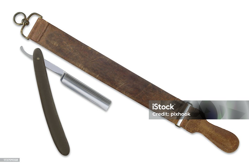 Strop and Razor with Path Antique Straight Edge Razor and Leather Strop Sharpener on White. Two Clipping Path Included. Leather Stock Photo