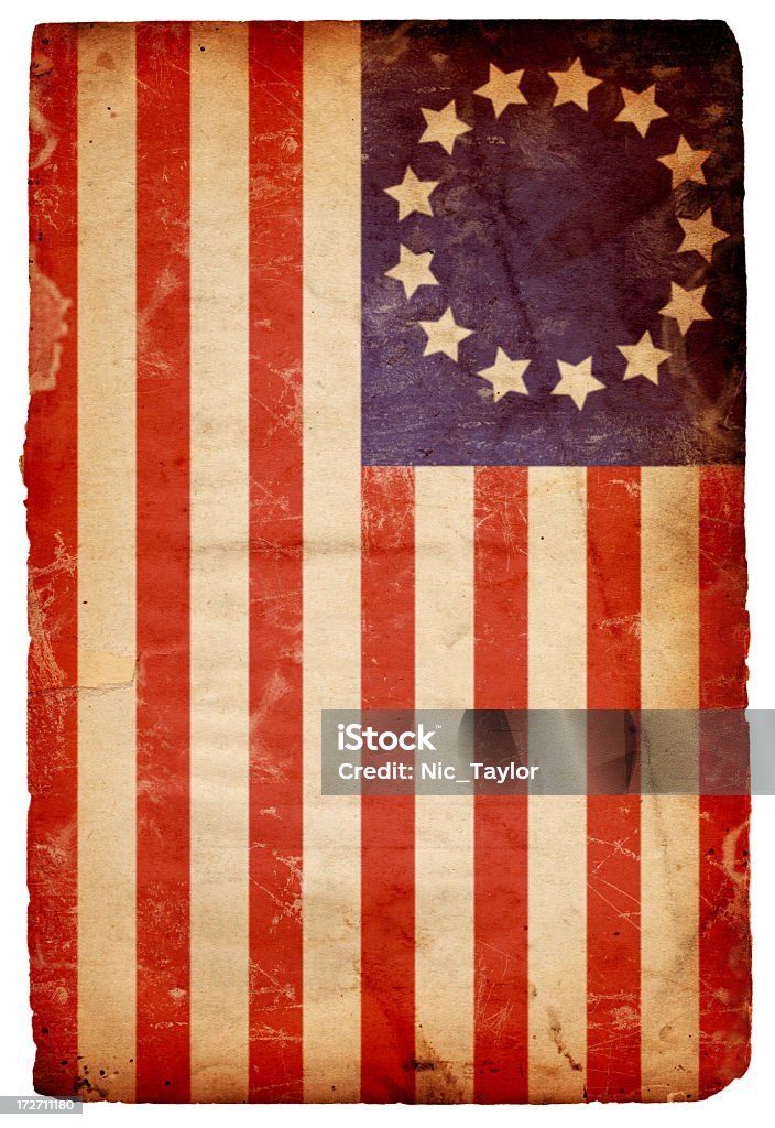 Vintage horizontal American flag background Image of an old, distressed 13-star flag of the original 13 colonies made by Betsy Ross. Flag is on an old, grungy piece of isolated XXXL paper. Great historical background file/design element. See more quality images like this one in my portfolio. American Revolution Stock Photo
