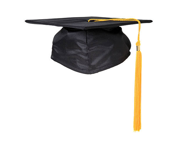 Graduation hat, Academic cap or Mortarboard in black with gold tassel isolated on white background (clipping path) for educational hat design mockup and school commencement hat mock-up template