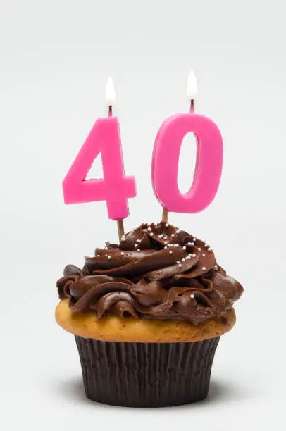 "A cupcake celebrating over the hill status, the fortieth birthday, set against a neutral background so flames are visible.More cupcakes:"