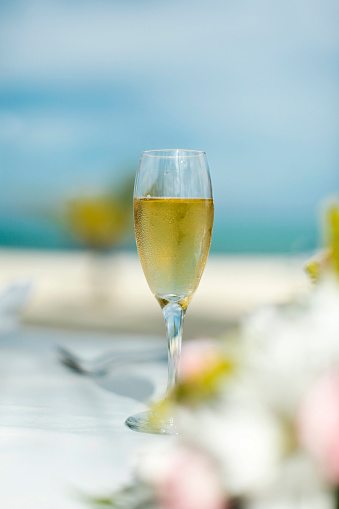 Champagne glass standing outside by the ocean.