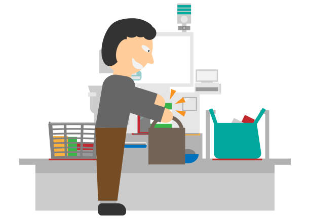 ilustrações, clipart, desenhos animados e ícones de imagem ilustração de um homem furtando colocando itens em sua bolsa sem escaneá-los no registro de auto-checkout - national cash register