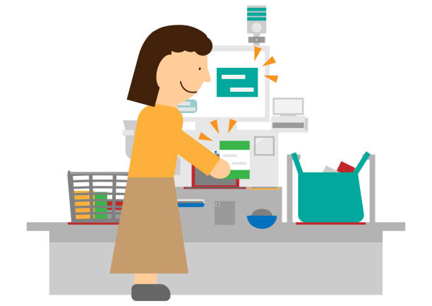 illustrazioni stock, clip art, cartoni animati e icone di tendenza di illustrazione dell'immagine di una donna che scansiona a un banco self-checkout - national cash register