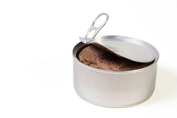 Can of Cat Food (CLIPPING PATH) Close up of partially open can of (cat) food isolated on white with clipping path. cat food stock pictures, royalty-free photos & images