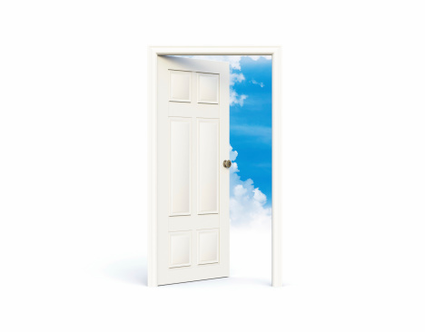 3D rendering of a freestanding door with clouds in the background