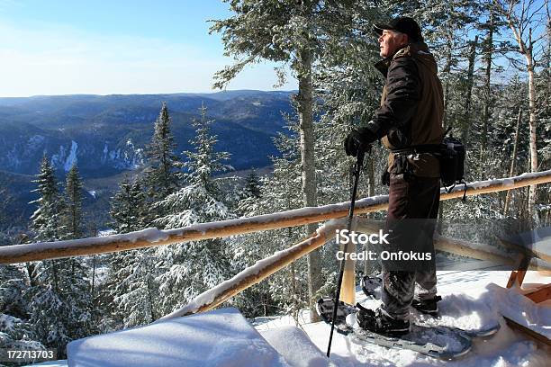 Starszy Człowiek W Snowshoes Na Punkt Widokowy - zdjęcia stockowe i więcej obrazów Chata w górach - Chata w górach, Kanada, Podróżowanie