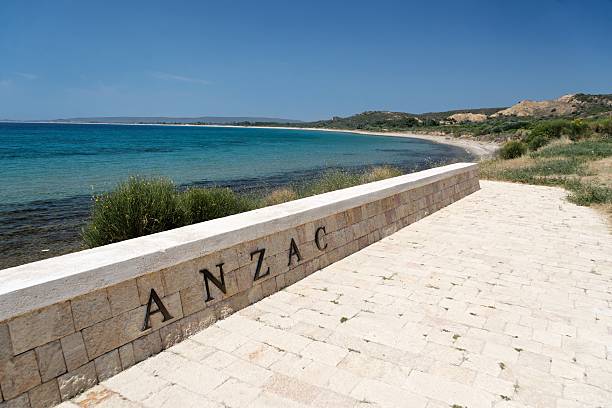 View of Anzac sign with water and coast in background