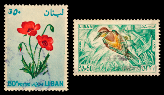 Lebanon 1964 poppy and 1965 bird (European bee-eater) stamps. 2 full-size images combined. Canon 40D with 100mm macro; no sharpening.
