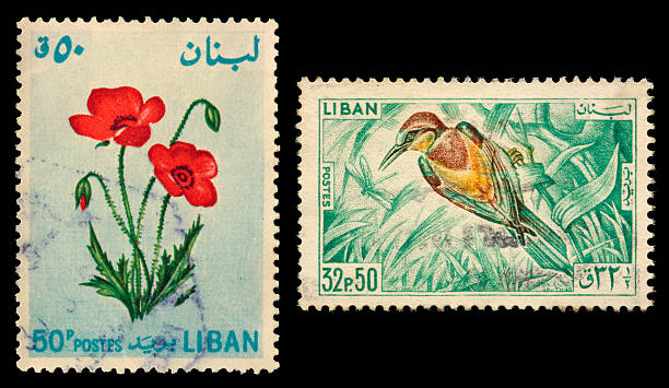 Lebanon 1964-5 flower &amp; bird stamps (XL) Lebanon 1964 poppy and 1965 bird (European bee-eater) stamps. 2 full-size images combined. Canon 40D with 100mm macro; no sharpening. bee eater photos stock pictures, royalty-free photos & images