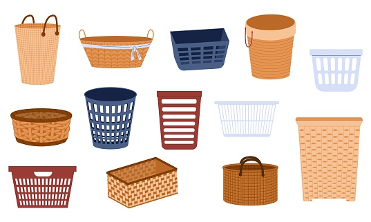 Laundry baskets. Empty jute woven plastic buckets, bin bags and woven rattan baskets for washing and cleaning. Vector laundry bin set. Containers for dirty clothes os different shapes