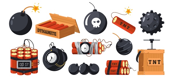 Dynamite and bombs. Cartoon military explosive devices, military grenade and tnt bomb with timer fuse, danger bang firecracker. Vector isolated set. Terrorism and violence objects concept