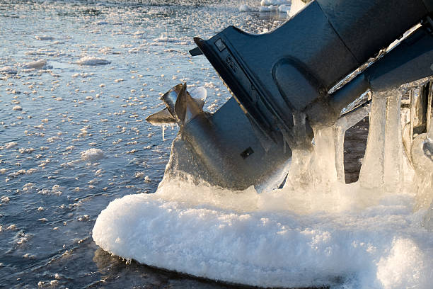 Frozen outboard motor stock photo