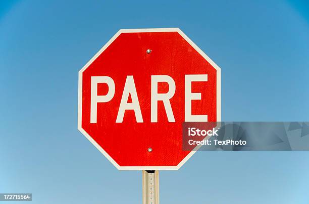 Pare Spanish Stop Sign Stock Photo - Download Image Now - Sign, Blue, Equipment