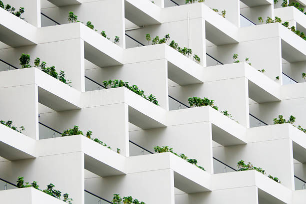 Geometric Balcony Gardens Exclusive balconies adorn a chic building. architectural feature stock pictures, royalty-free photos & images